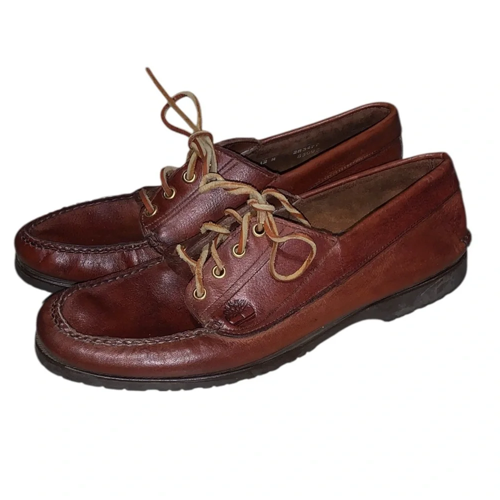 Vintage Timberland Boat Shoes for Men Size 12 Brown Deck Shoes Leather Lace Up